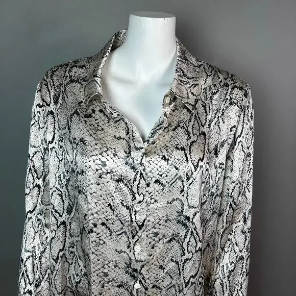Reformation top blouse, XL silk button up long sleeve snake print new cream - Picture 5 of 9
